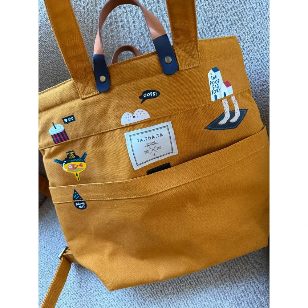 TA.THA.TA Mustard Yellow Canvas Convertible Backpack Tote Bag Poop Factory Patch